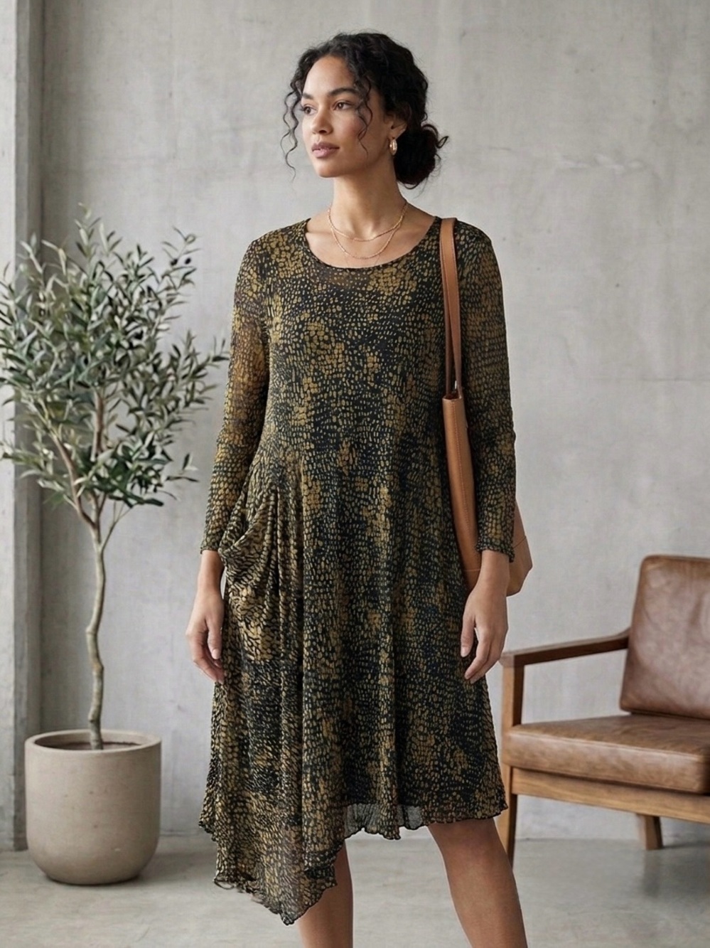 Lisa Bayne Crinkled Mesh Asymmetric Hem Dress Black Gold Dot Lagenlook Medium